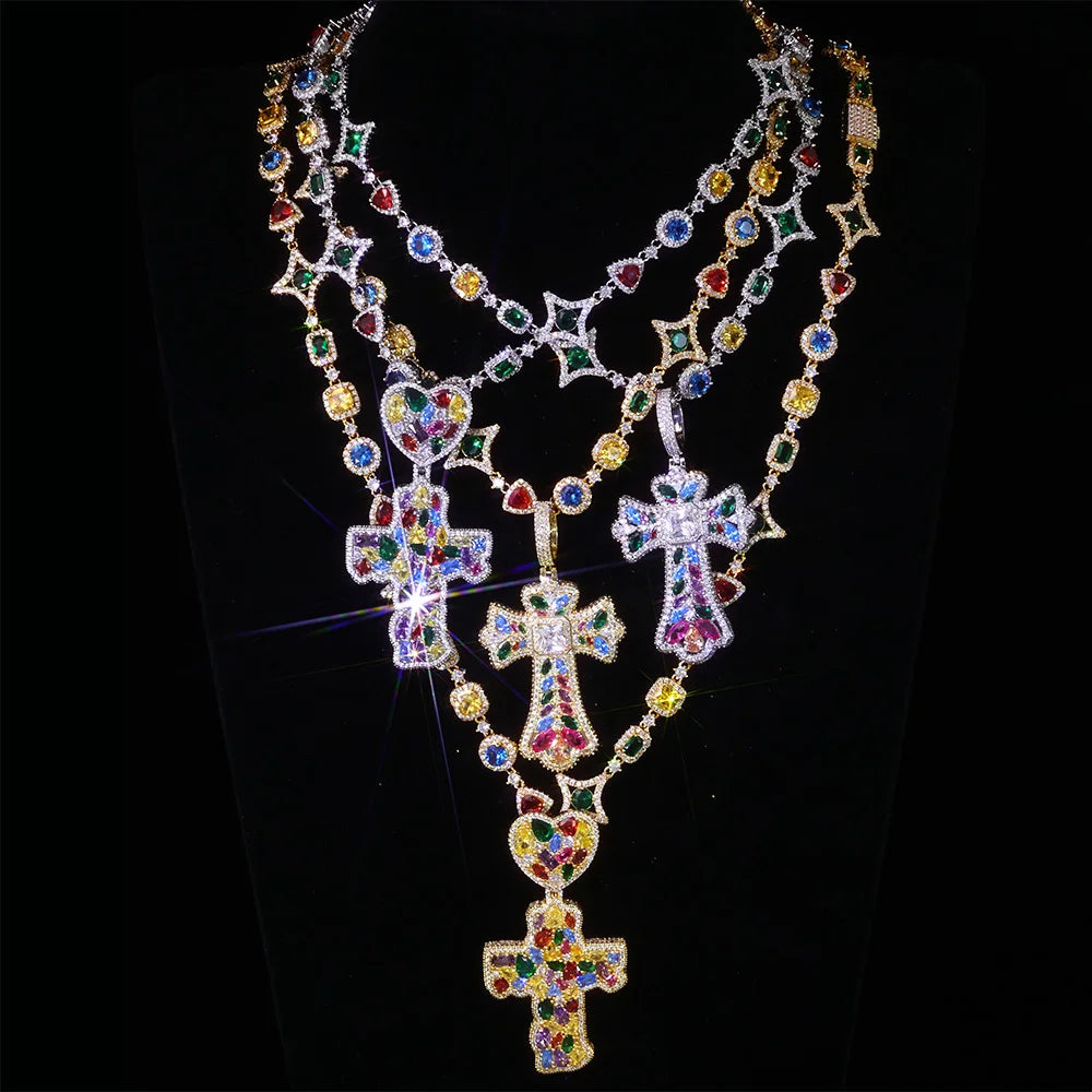 Trendy New Arrivals Cross Pendant Necklace Fancy Cut Diamonds Fashion Iced Out Multi-Colored Gemstones Chain Hip Hop Jewelry