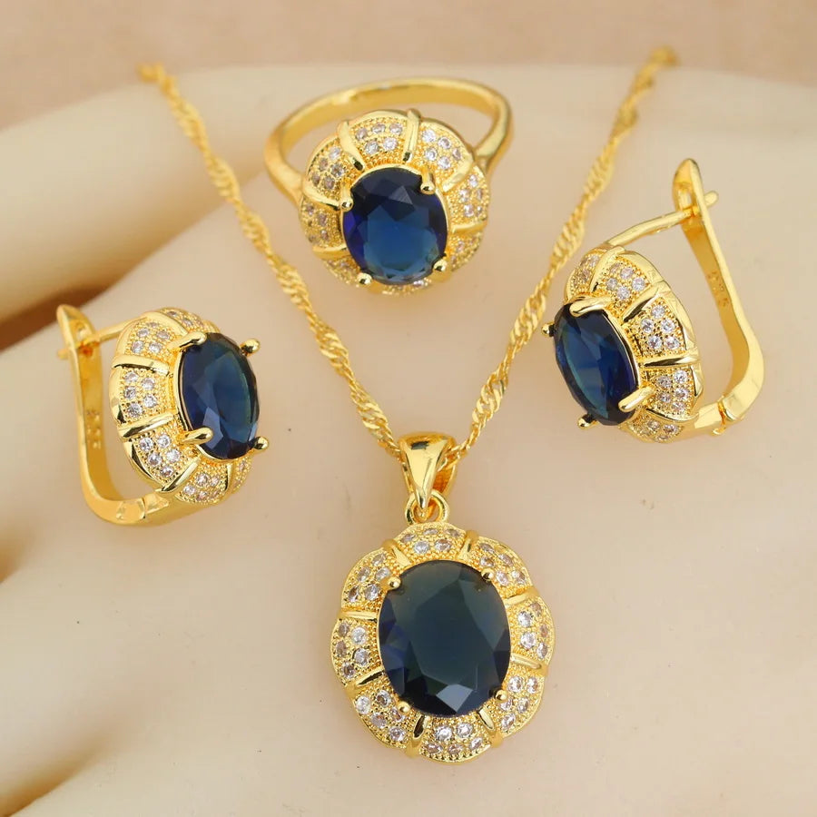 Classic 18K Gold Plated Bridal Jewelry Sets for Women Blue Crystal Club Earrings Necklace Pendant Ring Wedding Gift