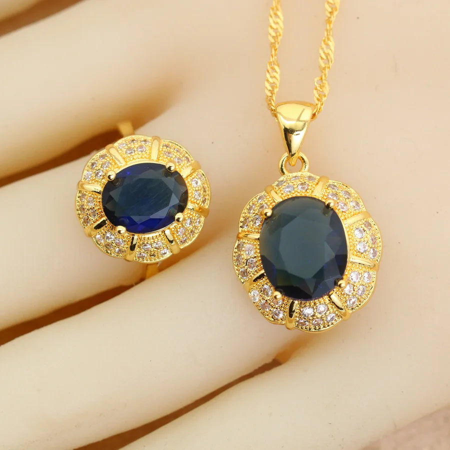 Classic 18K Gold Plated Bridal Jewelry Sets for Women Blue Crystal Club Earrings Necklace Pendant Ring Wedding Gift