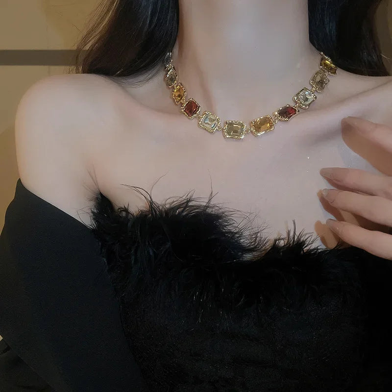 Crystal Inlaid Square Set Necklace and Earrings Fashionable Temperament Splicing Clavicle Chain Jewelry Decoration for Women