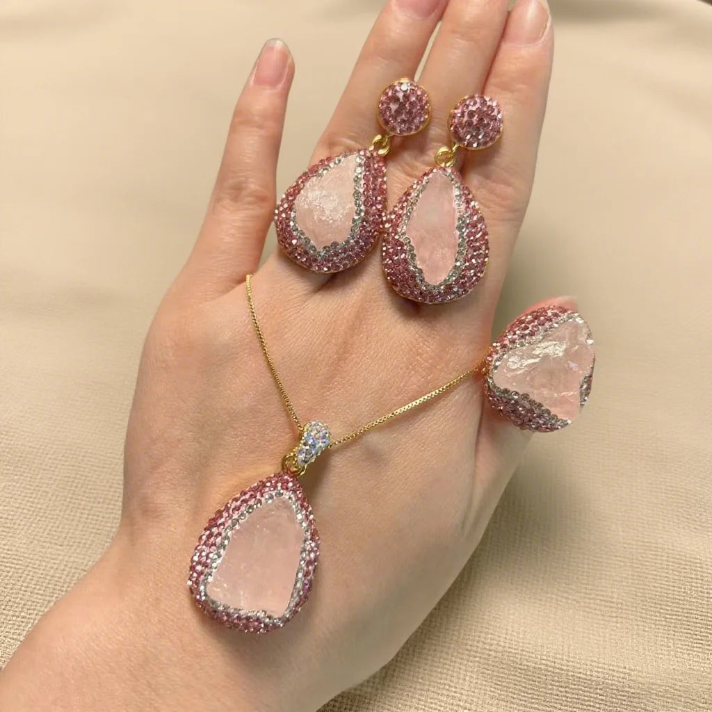 Healing Crystal Jewelry Set Rough Natural Pink Crystal Necklace Earring Ring for Women Handmade Raw Quartz Stone Wedding Gift