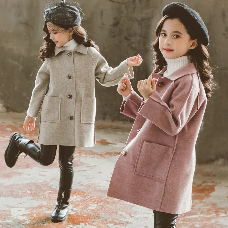 Winter Kids Tweed Coats Autumn Girls Warm England Style Mid-Length Jackets Teen Fashion Outerwear Child 5-12 Years Old