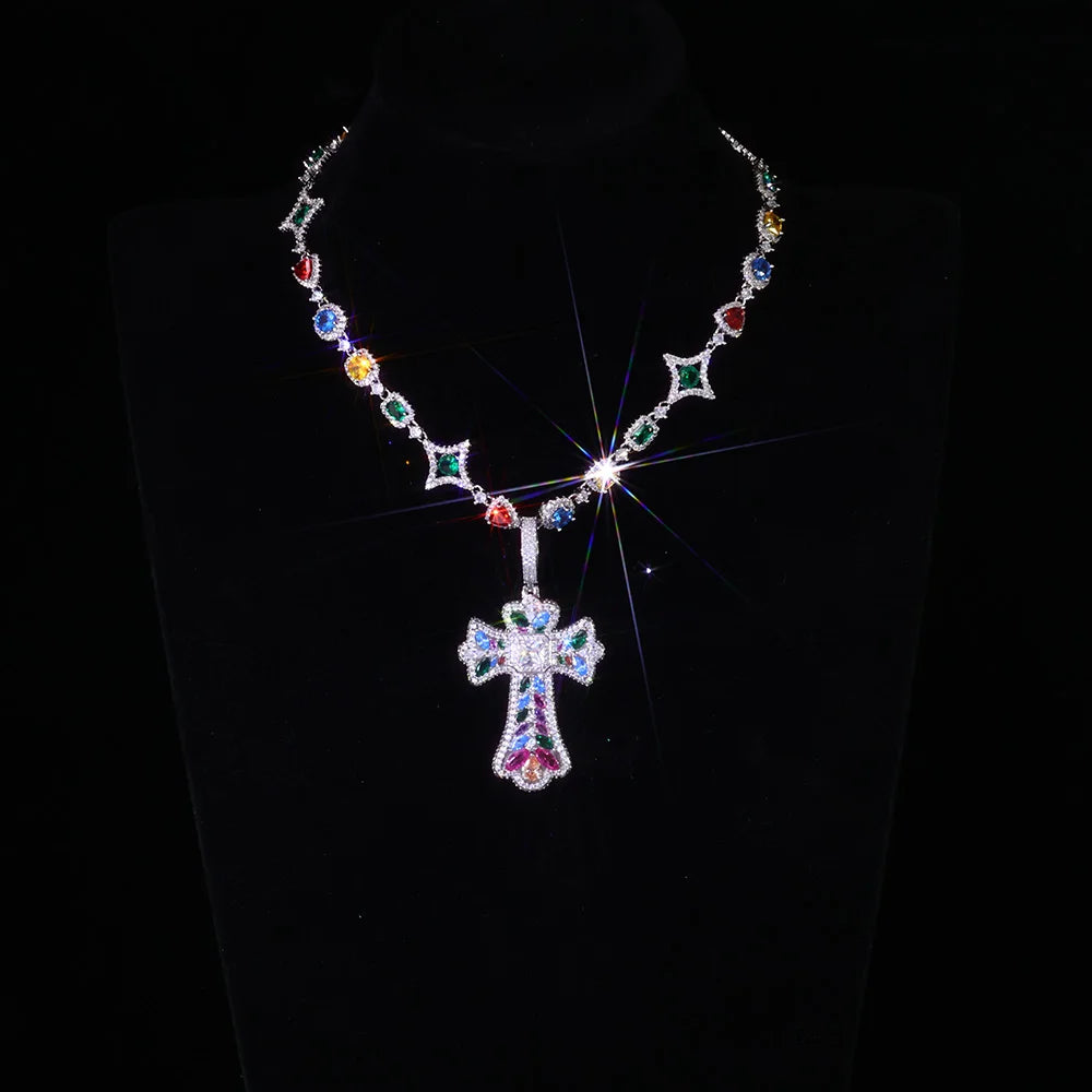 Trendy New Arrivals Cross Pendant Necklace Fancy Cut Diamonds Fashion Iced Out Multi-Colored Gemstones Chain Hip Hop Jewelry