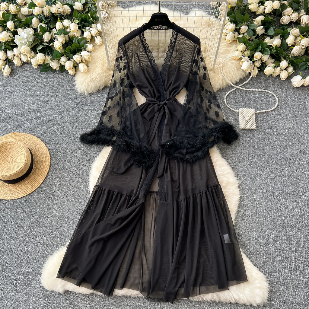 SINGREINY Women Elegant Sheer Sexy Cardigan Robes Wools Spliced Long Sleeve Shawls Fashion French Gauze Transparent Long Robes