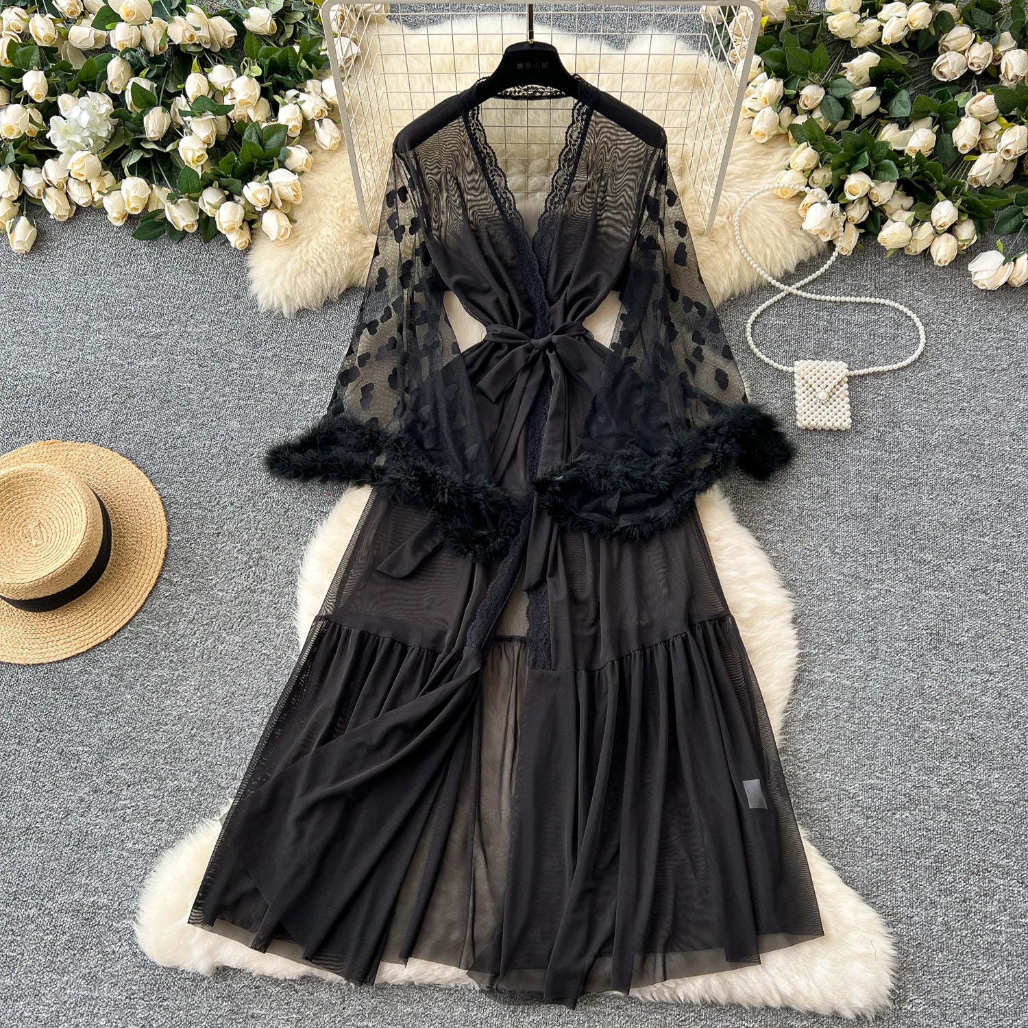 SINGREINY Women Elegant Sheer Sexy Cardigan Robes Wools Spliced Long Sleeve Shawls Fashion French Gauze Transparent Long Robes