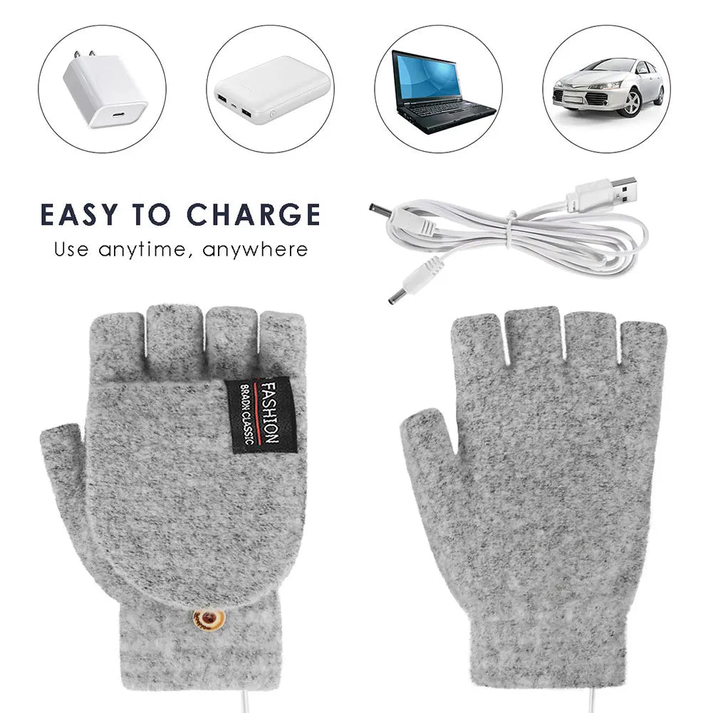 USB Electric Heated Gloves Touchscreen Double-Sided Heating Gloves Fingerless Hands Warmer Winter Skiing Cycling Thermal Gloves