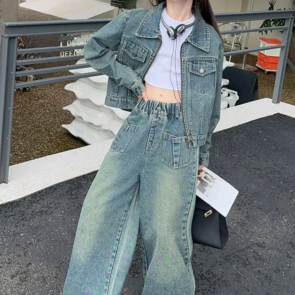 Two Pieces Set Y2K Children Cowboy Set Wide Leg Pants Loose Jeans Jacket Suit Teens Retro Girls Clothes Set Party