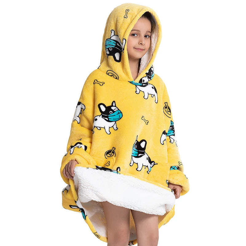 Oversized Wearale Blanket Hoodie Flannel Sherpa Fleece Warm Soft Winter Hoodie Sweatshirt for Kids Adults Home Blanket Snuggle