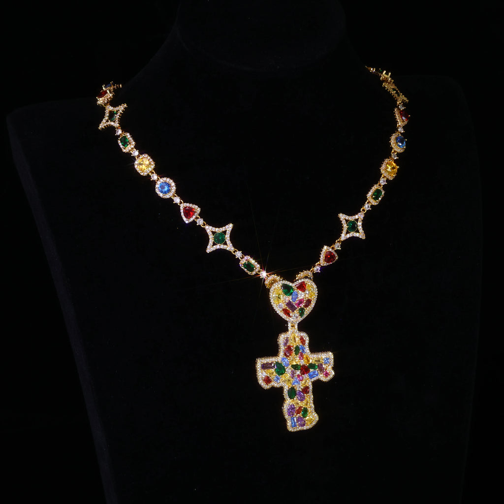 Trendy New Arrivals Cross Pendant Necklace Fancy Cut Diamonds Fashion Iced Out Multi-Colored Gemstones Chain Hip Hop Jewelry