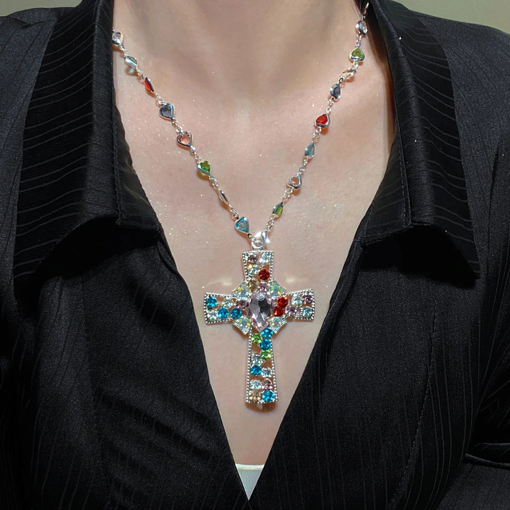 WANZHI Exquisite Metal Zircon Cross Tassel Necklaces for Women Men Luxurious Punk Long Choker Fashion Jewelry Accessories Gifts