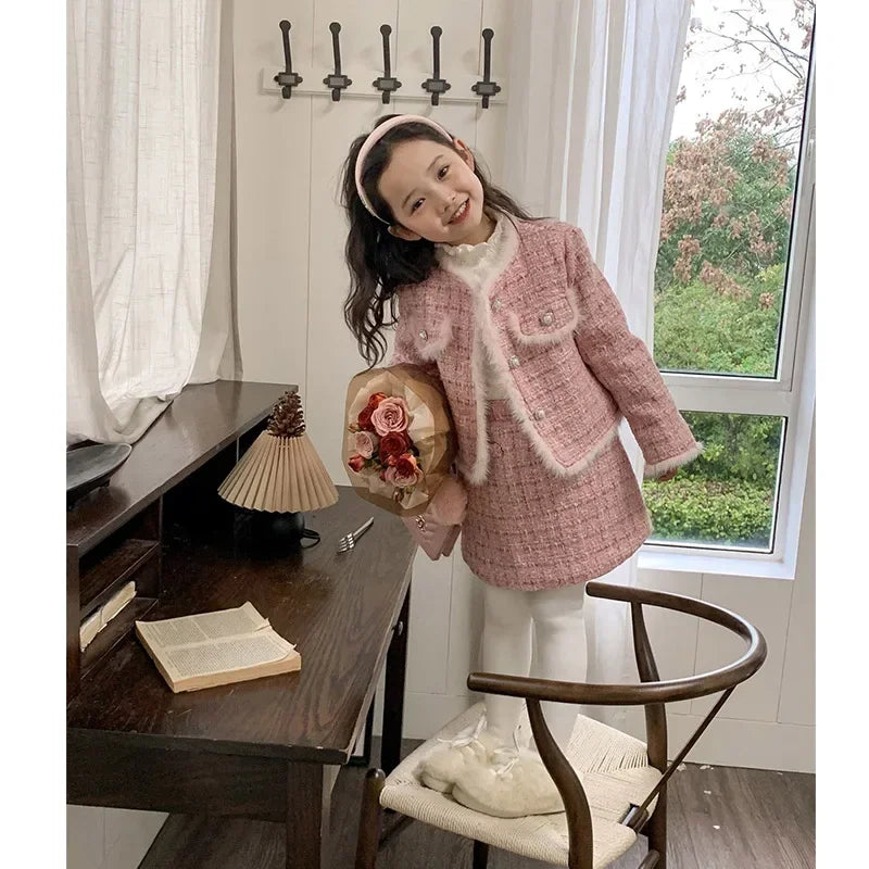 Kids 2Pcs Tweed Clothes Sets Girl Fashion Spring Winter Children Suits for 1-10Ys Elegant Sweet Outfit Kids Clothes