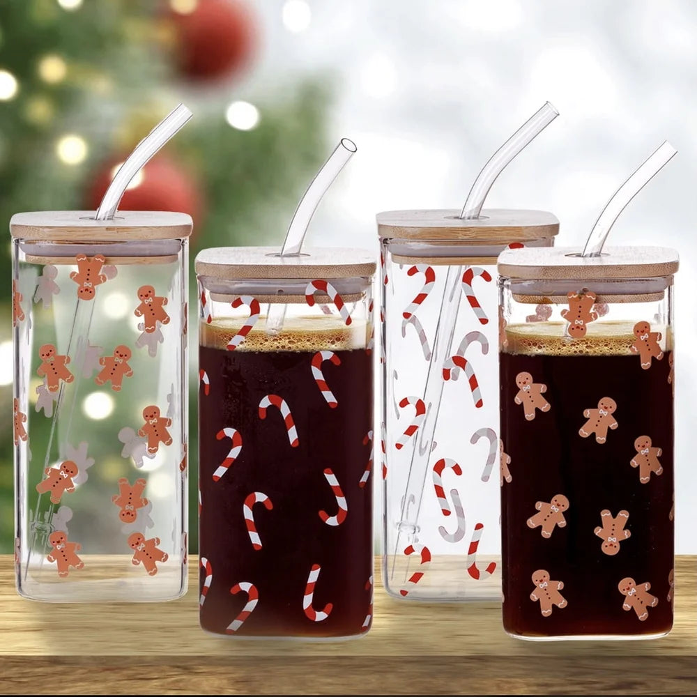 Gingerbread Man Candy Cane Clear Glass Sipper Set 4pack Durable Borosilicate Square Mug with Bamboo Lid and Straw Holiday
