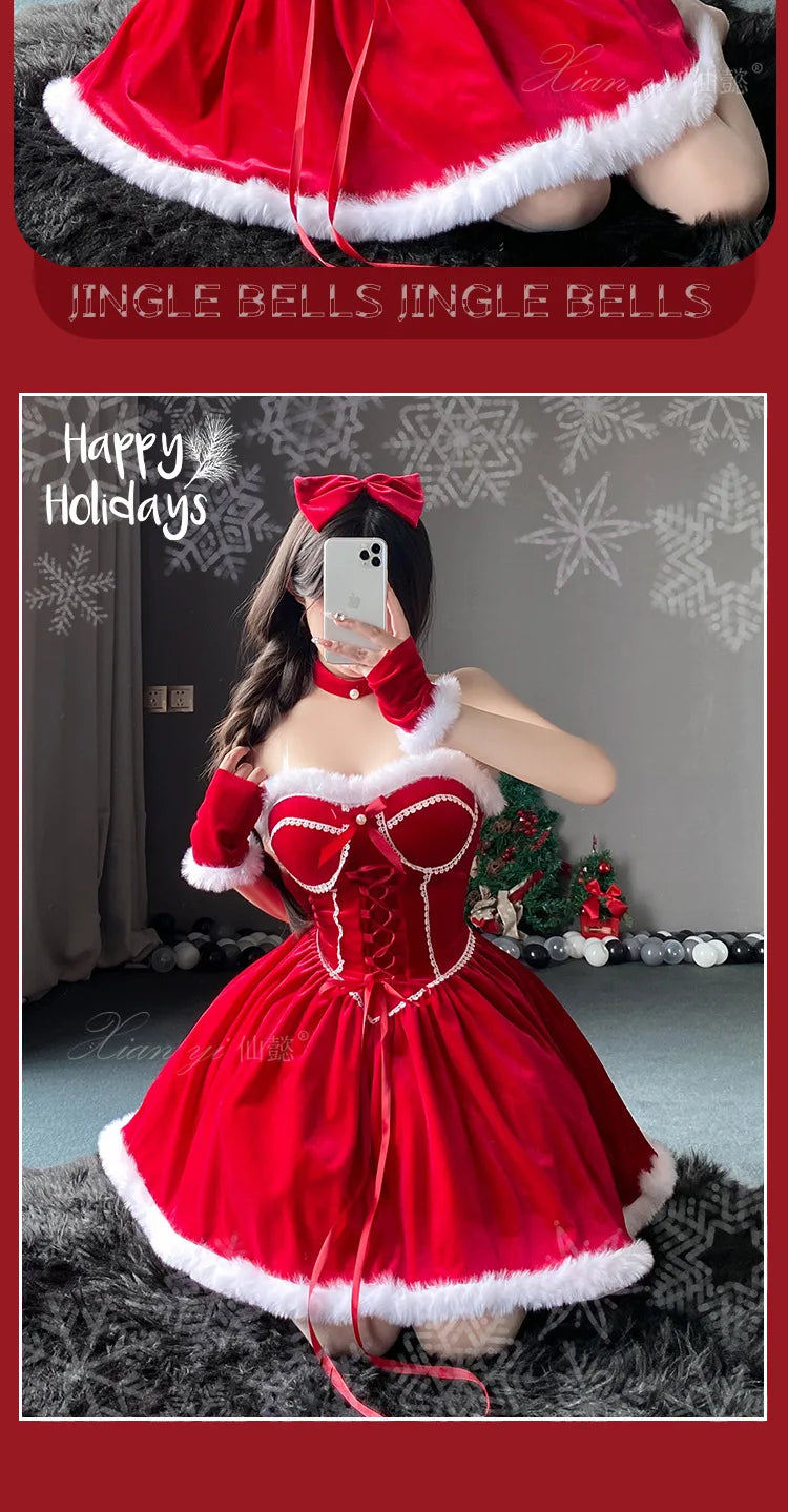 Cute Chic Lady Christmas Tube Dress Women Santa Claus Cosplay Costume with Fur cape New Year Lolita Party Costume