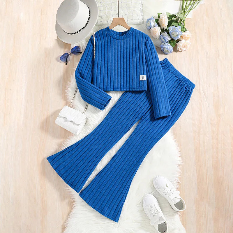 2 Pcs Kids Clothing Sets Outfits for Girls 2024 New Autumn Winter Children Fashion Knit Blue Long Sleeve Tops Flares Pant 7-14Y