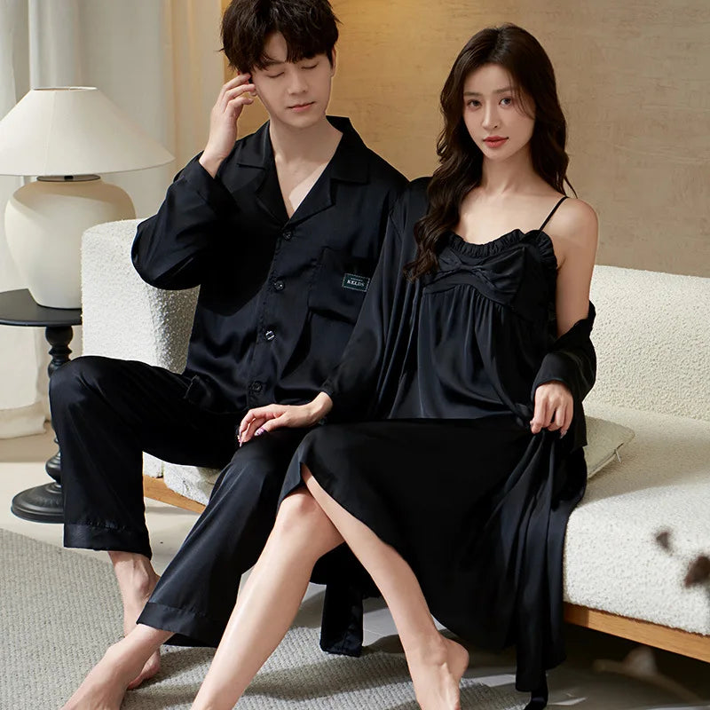 Couple Lounge Sleep Wear Silk Pajamas Set Men Shirt Pants Women Sling Nightdress Robes Wedding Sleepwear