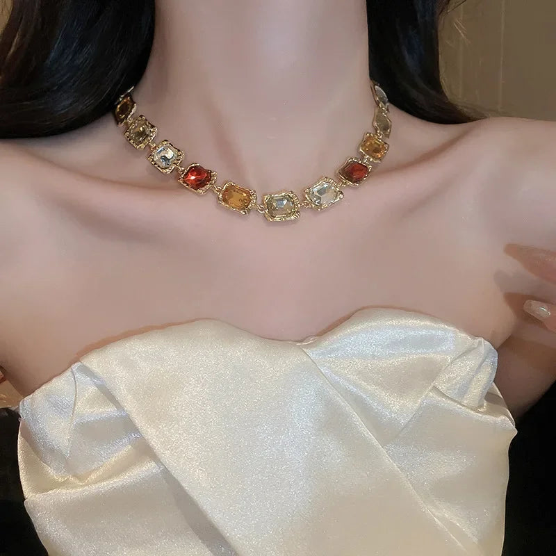 Crystal Inlaid Square Set Necklace and Earrings Fashionable Temperament Splicing Clavicle Chain Jewelry Decoration for Women