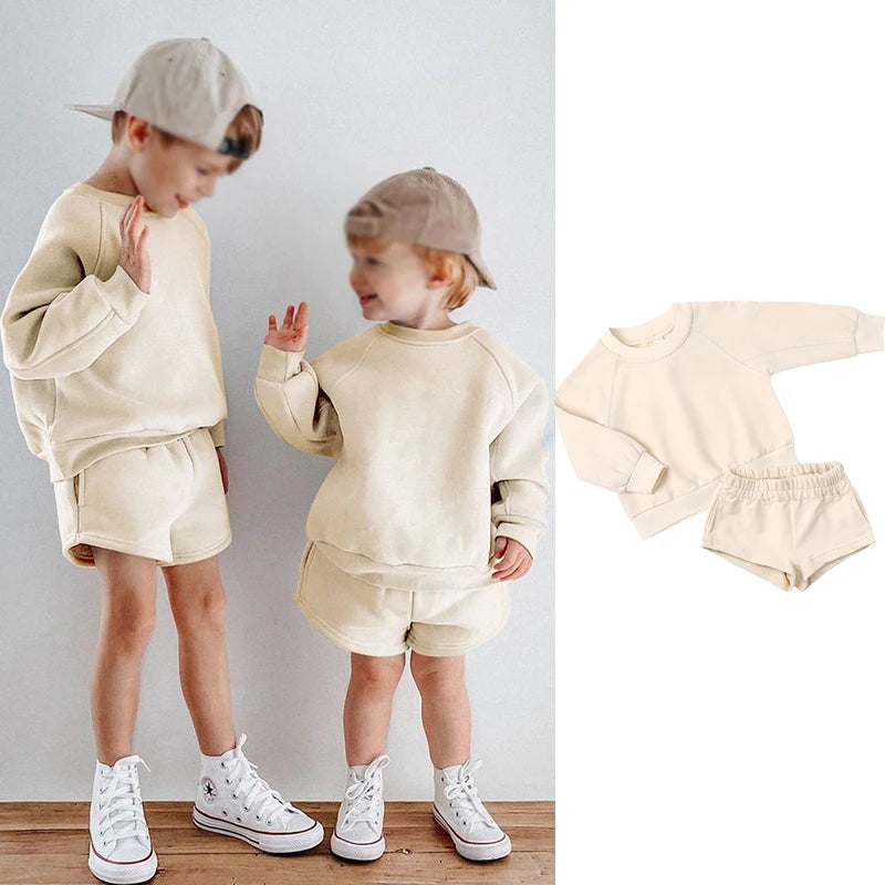 2025 New Winter Kids Boys Girls Clothes 2 Pieces Tracksuit Outfits Set Solid Top Sweatshirt+Elastic Joggers Shorts Causal Suit