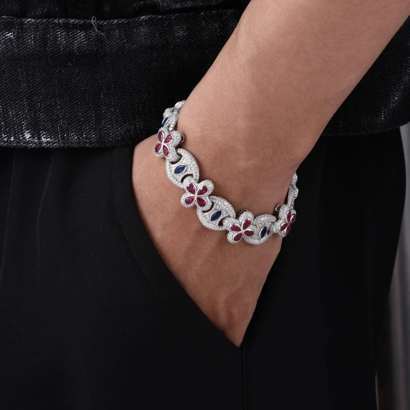 New 925 Sterling Sterling Lucky Clover Bracelet Iced Out Bling Moissanite Evil Eye Link Chain Luxury Hip Hop Party Jewelry Gifts