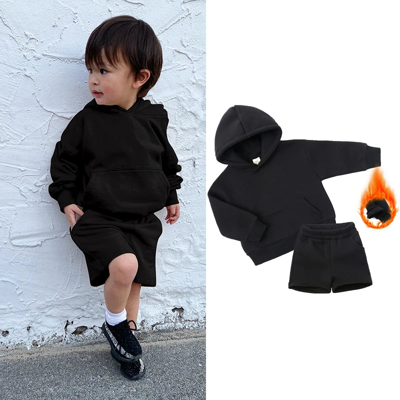 2025 New Winter Kids Boys Girls Clothes 2 Pieces Tracksuit Outfits Set Solid Top Sweatshirt+Elastic Joggers Shorts Causal Suit