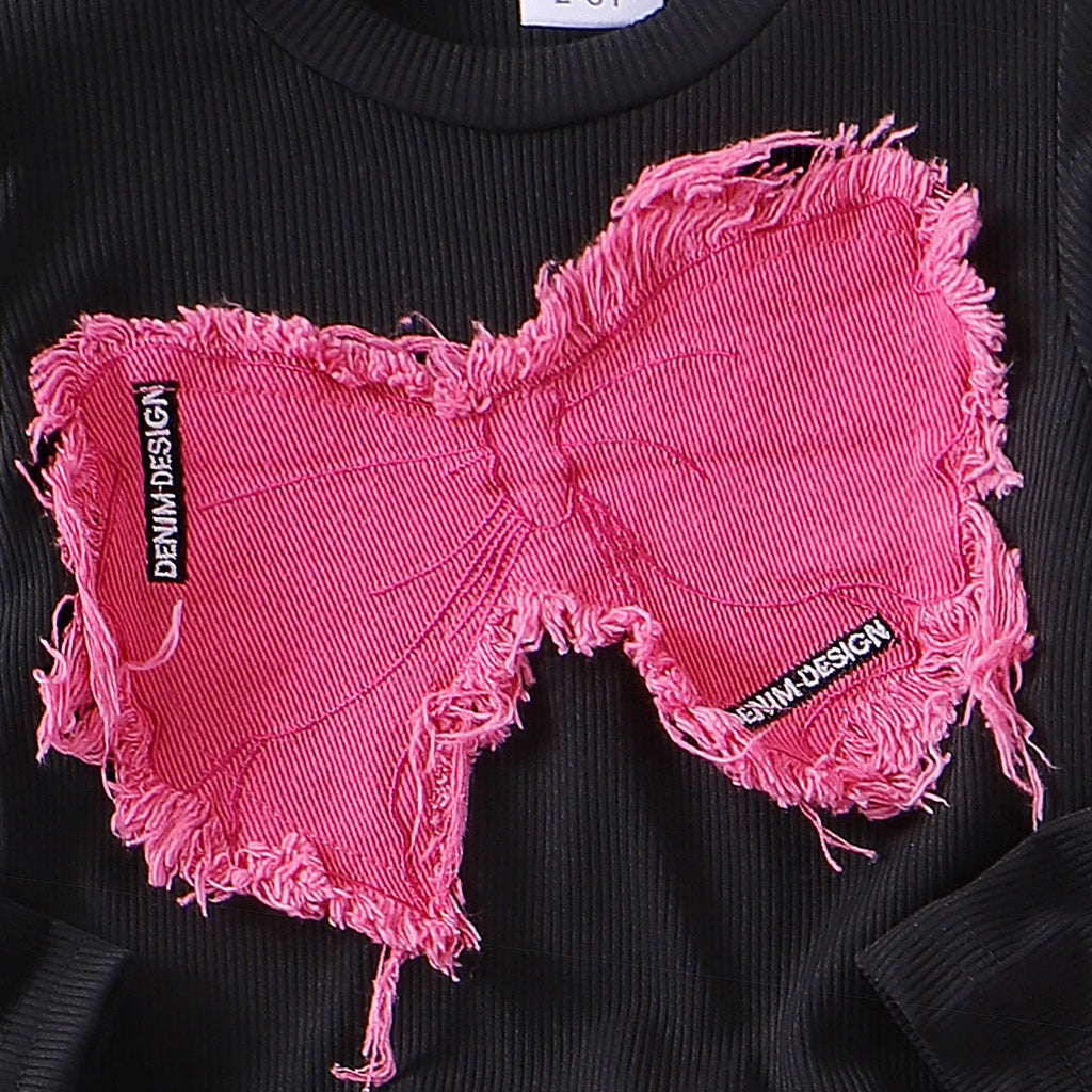 Kids Girls Two-piece Set Butterfly Appliqué Top with Cargo Pants Children Autumn and Winter Trousers New 2pcs/set Fashionable