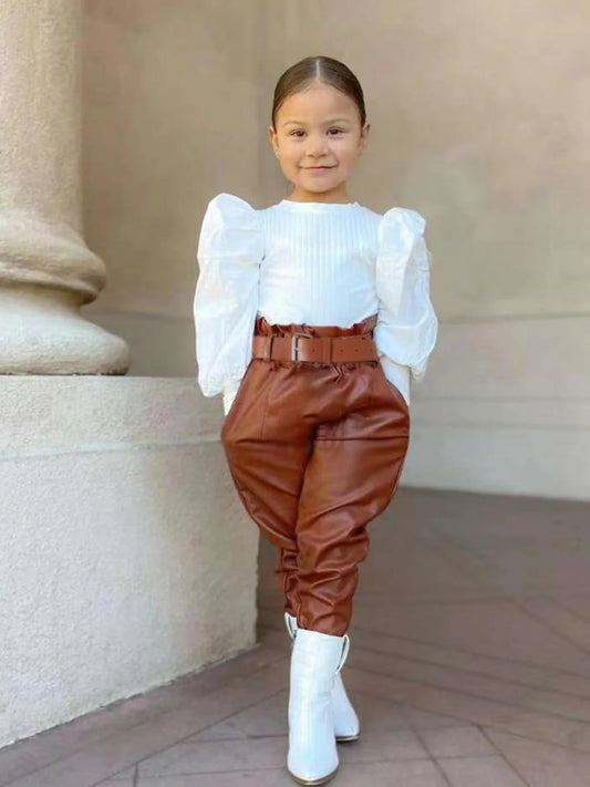 Girls Fall/Winter Casual Outfit Set - Long Sleeve Ruffled Blouse + Brown Belted Pants + White Ankle Boots