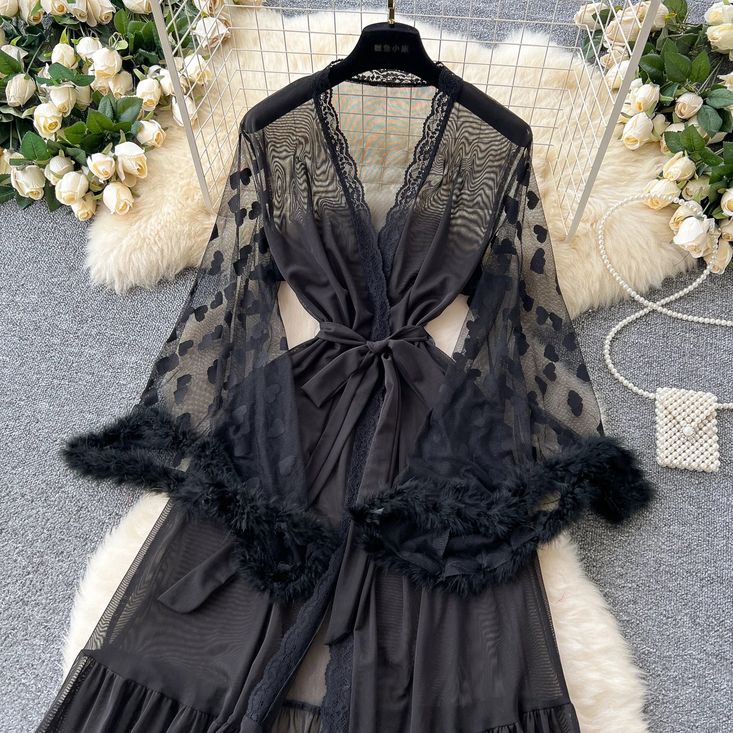 SINGREINY Women Elegant Sheer Sexy Cardigan Robes Wools Spliced Long Sleeve Shawls Fashion French Gauze Transparent Long Robes