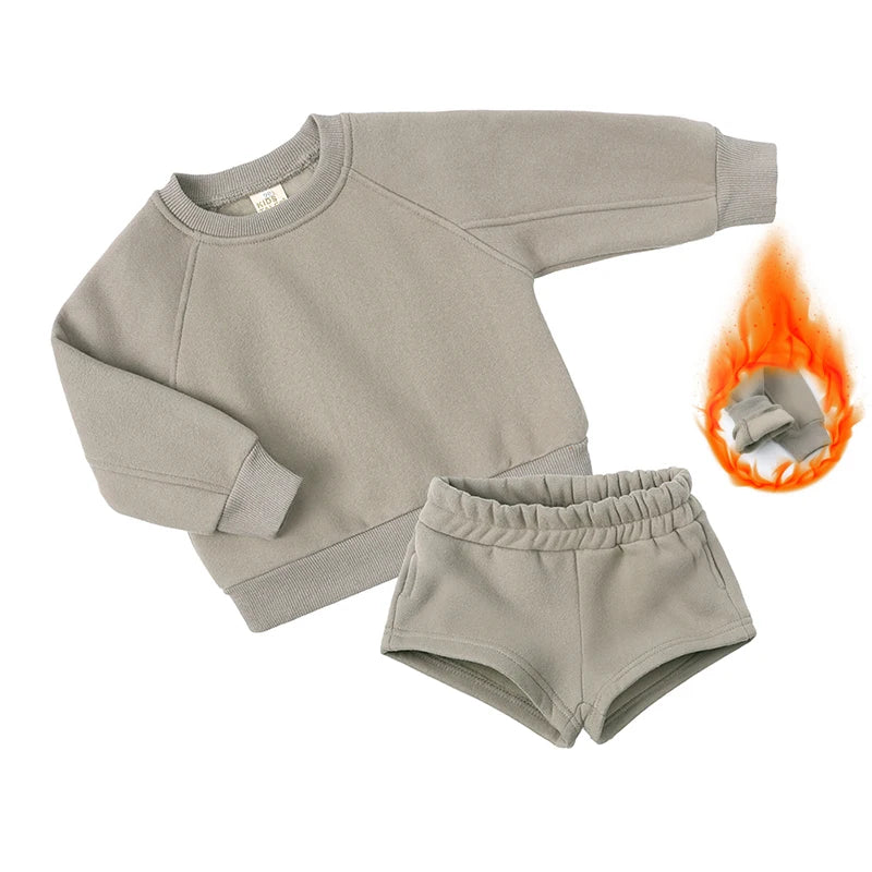 2025 New Winter Kids Boys Girls Clothes 2 Pieces Tracksuit Outfits Set Solid Top Sweatshirt+Elastic Joggers Shorts Causal Suit