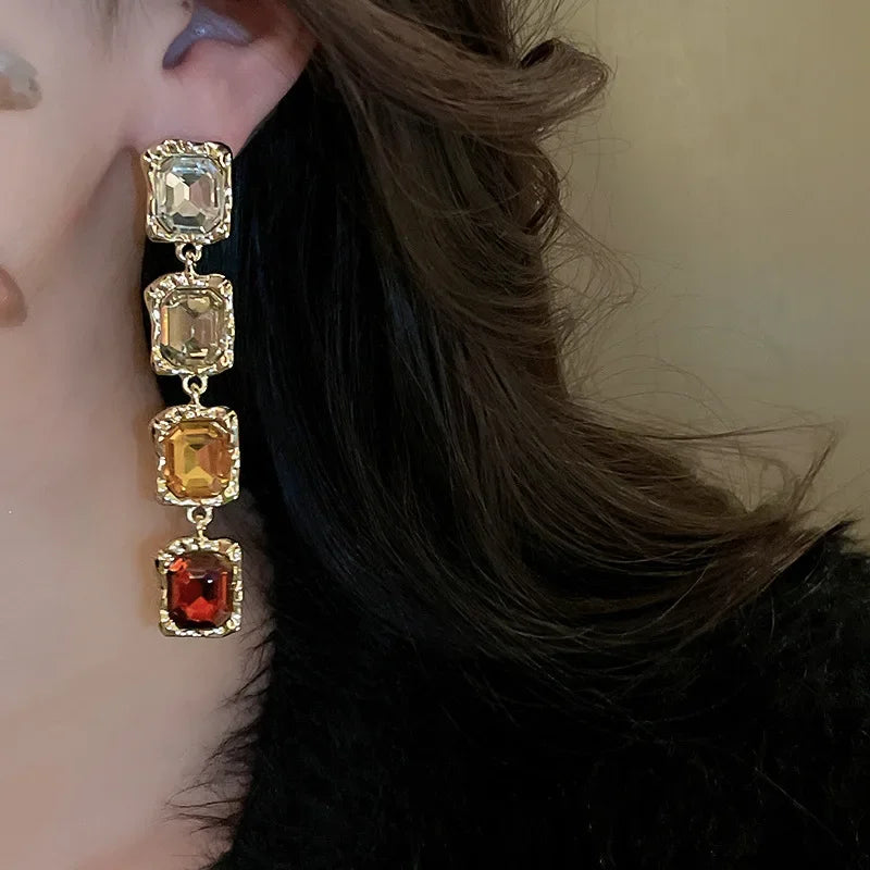 Crystal Inlaid Square Set Necklace and Earrings Fashionable Temperament Splicing Clavicle Chain Jewelry Decoration for Women