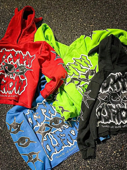 Harajuku Y2K Hoodie with Horn Hat for Men Funny Printed Casual Top