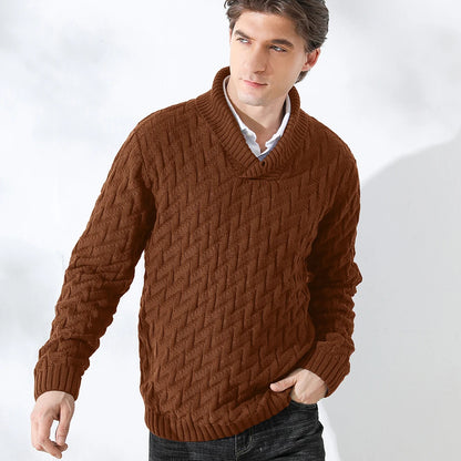 Men's Sweater Winter Shawl Collar Pullover Sweater Casual Cable Knit Button Sweaters Woolen Solid Color Tops US Size