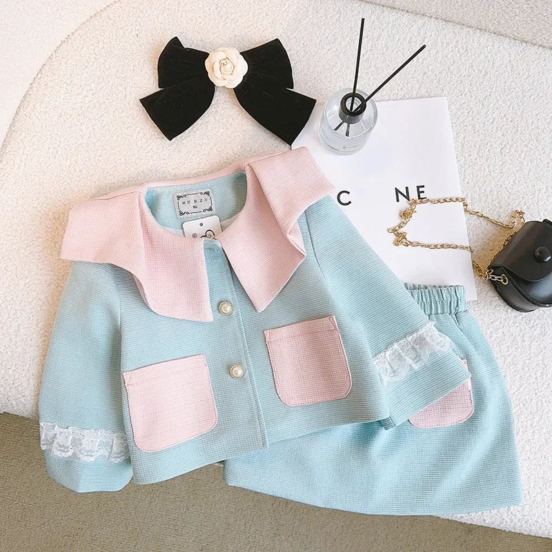 Kids 2Pcs Tweed Clothes Sets Girl Fashion Spring Winter Children Suits for 1-10Ys Elegant Sweet Outfit Kids Clothes