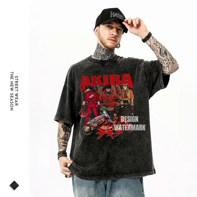 Anime Akira T-shirts Oversized Streetwear Vintage Washed Kaneda Shoutarou T Shirt Short Sleeve Retro Manga Tops Tees Men Cotton