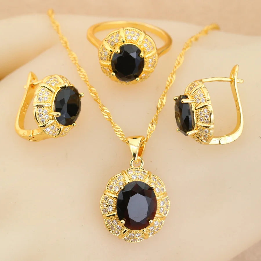 Classic 18K Gold Plated Bridal Jewelry Sets for Women Blue Crystal Club Earrings Necklace Pendant Ring Wedding Gift