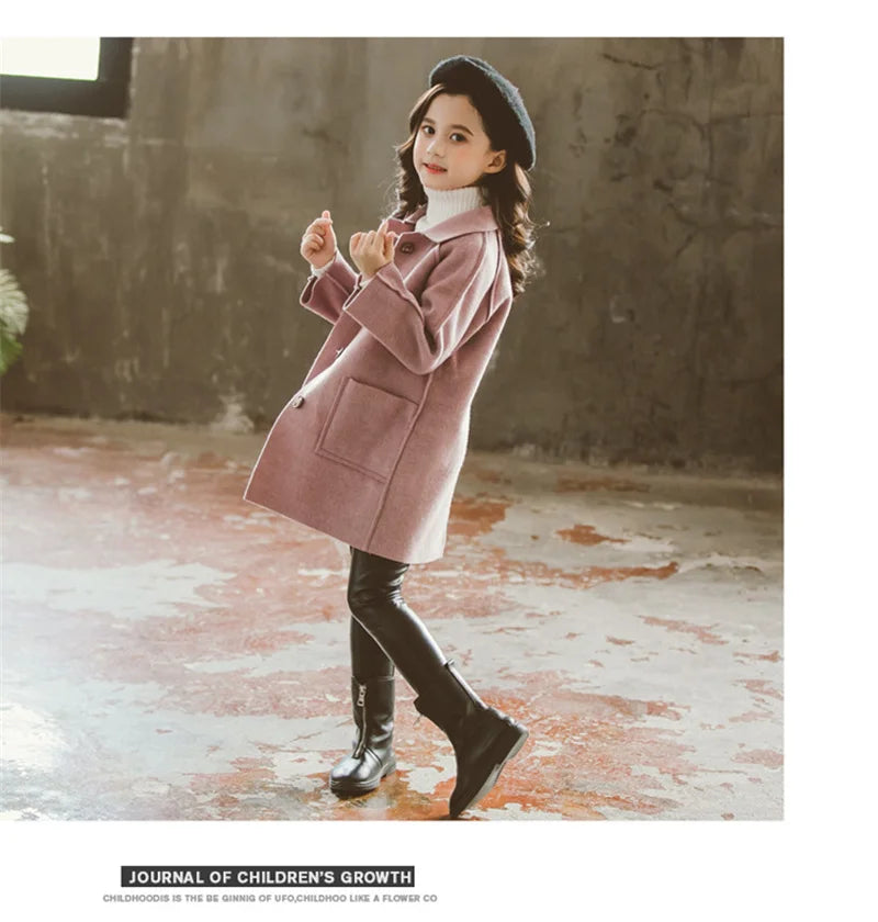 Winter Kids Tweed Coats Autumn Girls Warm England Style Mid-Length Jackets Teen Fashion Outerwear Child 5-12 Years Old