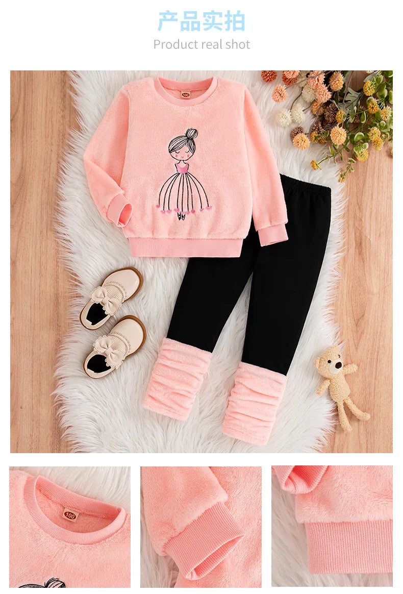 Kids Girls' Winter Outfit Set Long Sleeve Round Neck Top & Pants Costumes Girls Clothes For Toddlers Children Clothing 2 To 8
