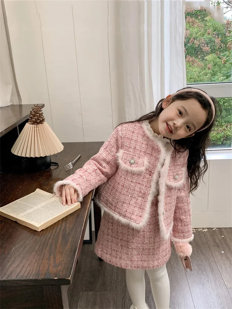 Kids 2Pcs Tweed Clothes Sets Girl Fashion Spring Winter Children Suits for 1-10Ys Elegant Sweet Outfit Kids Clothes