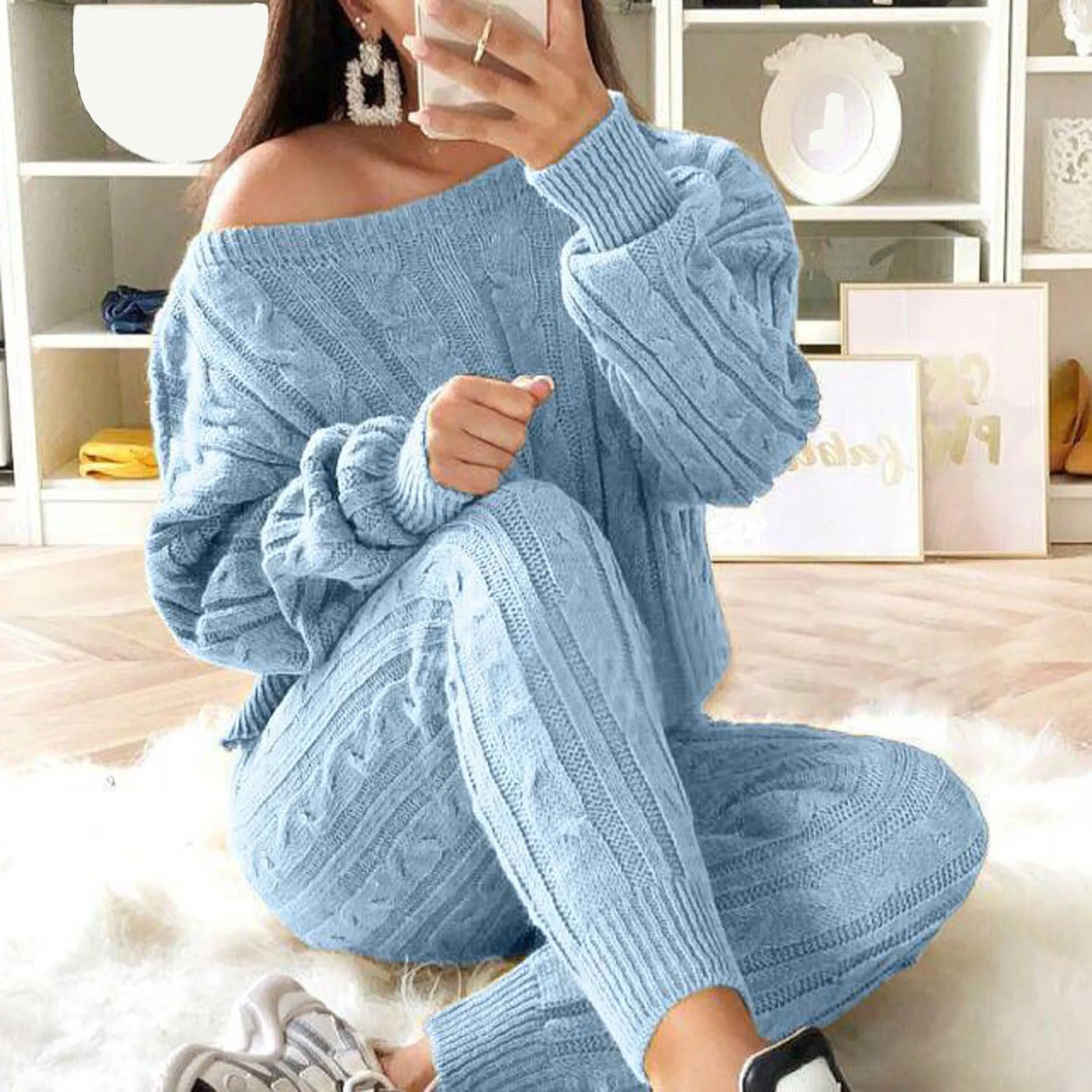 Knitted Pantsuit 2024 Ladies Solid Color Round Neck Cable Warm Sweater High Waisted Tight Elastic Bodysuit Slim Women Trousers