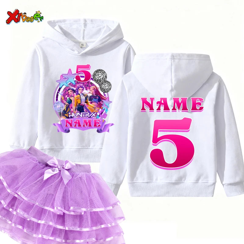 Kpop Hunter Girls Birthday Hoodies Girl Party Outfits Teen Girl Hoodie Kids Hooded Children Sweatshirt Birthday Tutu Set 5th 6th