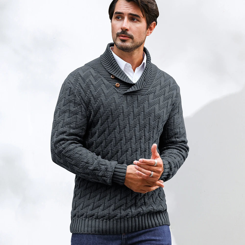 Men's Sweater Winter Shawl Collar Pullover Sweater Casual Cable Knit Button Sweaters Woolen Solid Color Tops US Size