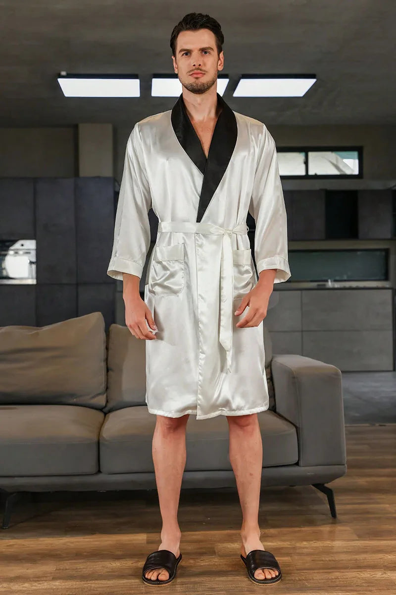 Men Kimono Satin Home Bathrobe Gown Satin Sleepwear Loose Loungewear Lapel Peignoir Homme Loose Nightwear Male Dressing Gown