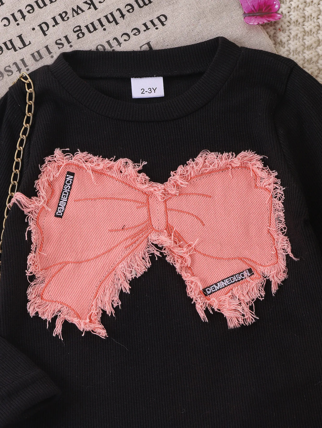 Kids Girls Two-piece Set Butterfly Appliqué Top with Cargo Pants Children Autumn and Winter Trousers New 2pcs/set Fashionable