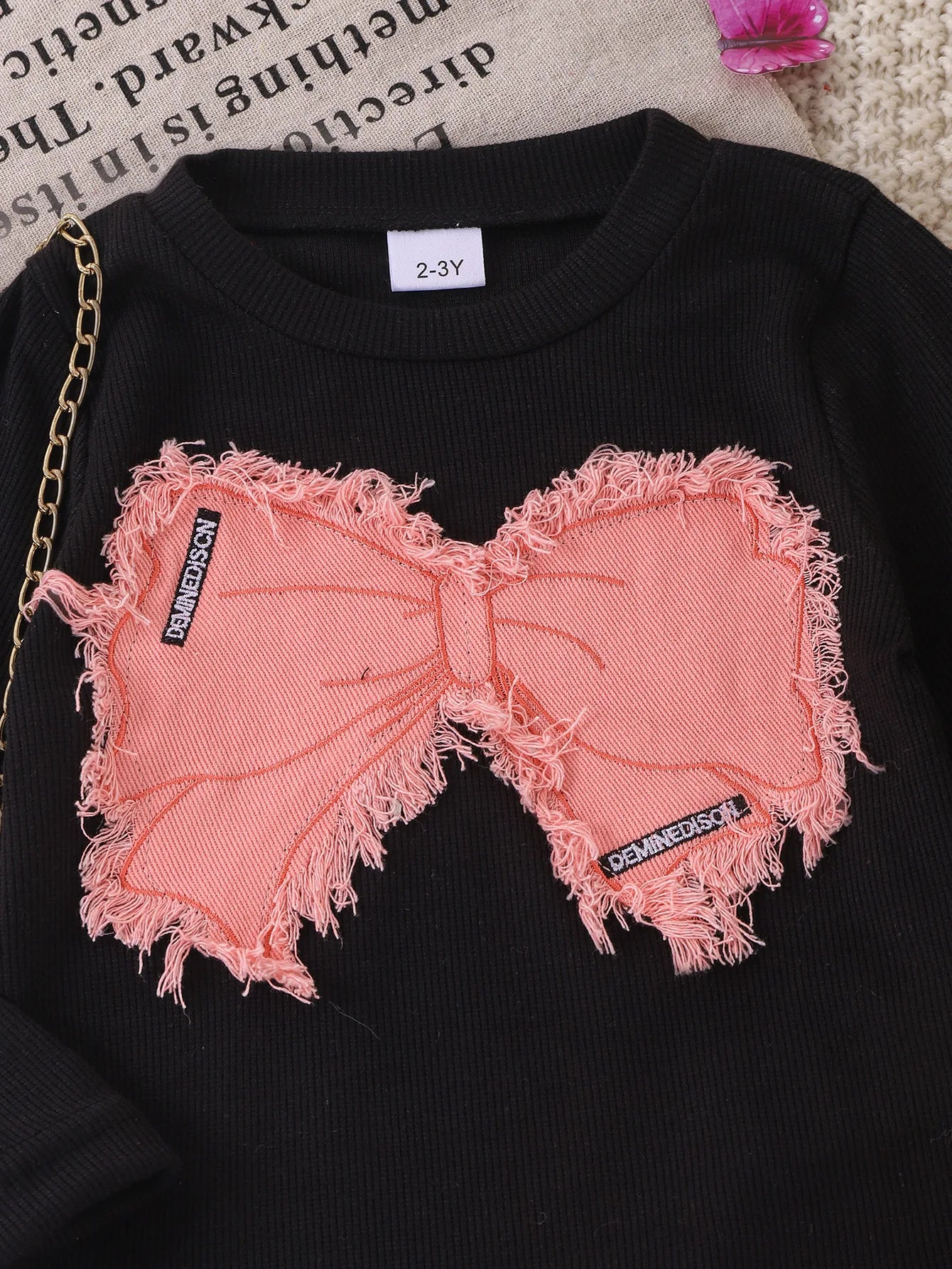 Kids Girls Two-piece Set Butterfly Appliqué Top with Cargo Pants Children Autumn and Winter Trousers New 2pcs/set Fashionable