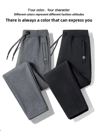 Men's Autumn/Winter Fleece-Lined and Thickened Sweatpants Versatile Casual Straight-Leg Pants Loose-Fitzip-Upocket Solid Color W