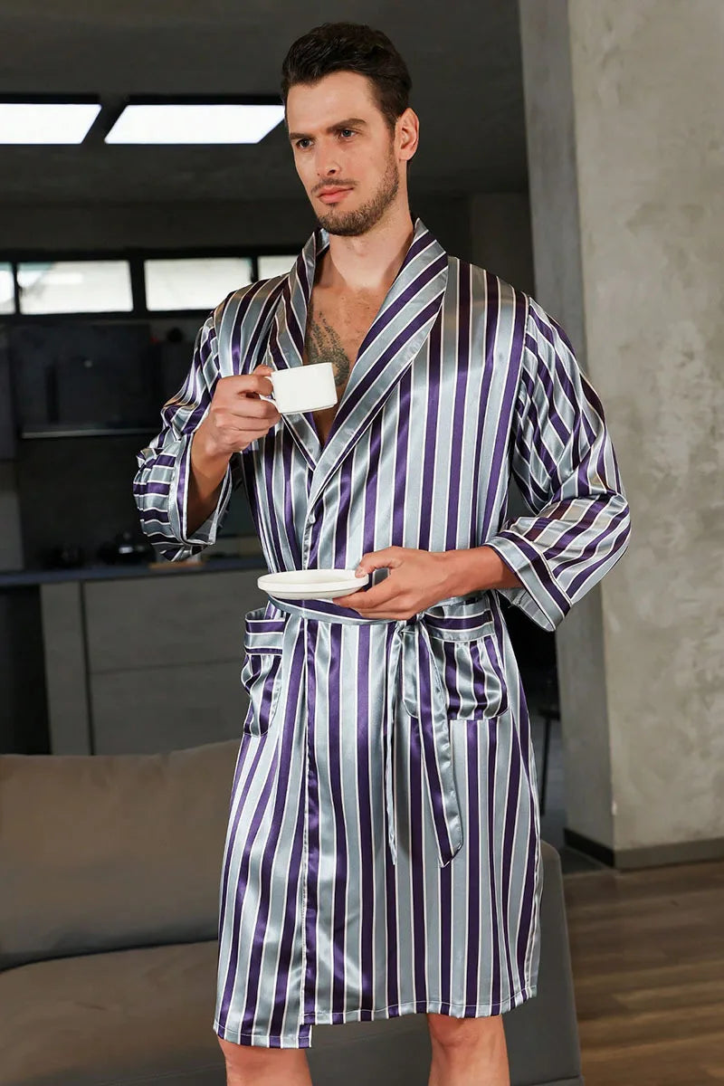 Men Kimono Satin Home Bathrobe Gown Satin Sleepwear Loose Loungewear Lapel Peignoir Homme Loose Nightwear Male Dressing Gown