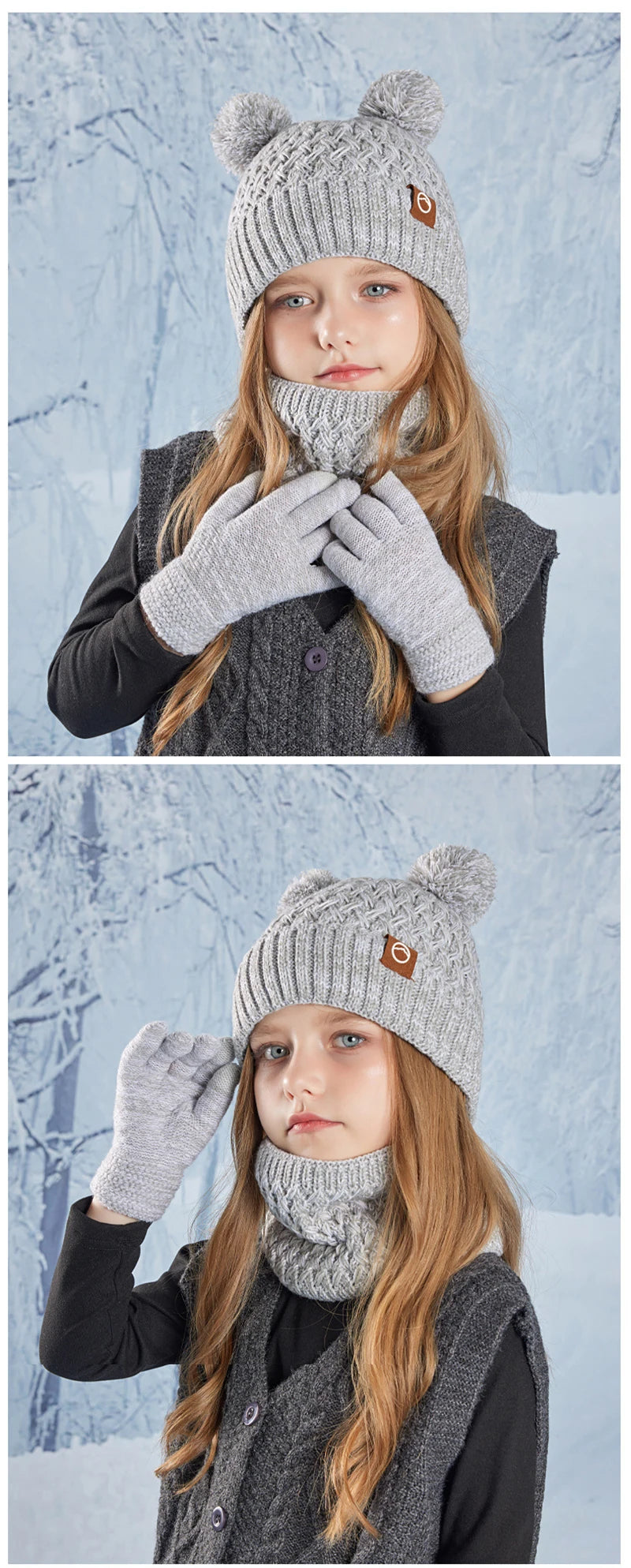 3Pcs Winter Kids Hat Set for Girls Boys Warm Knitted Children Beanie Scarf Gloves Fleece Lining Pompom Children Cap 4-10Y