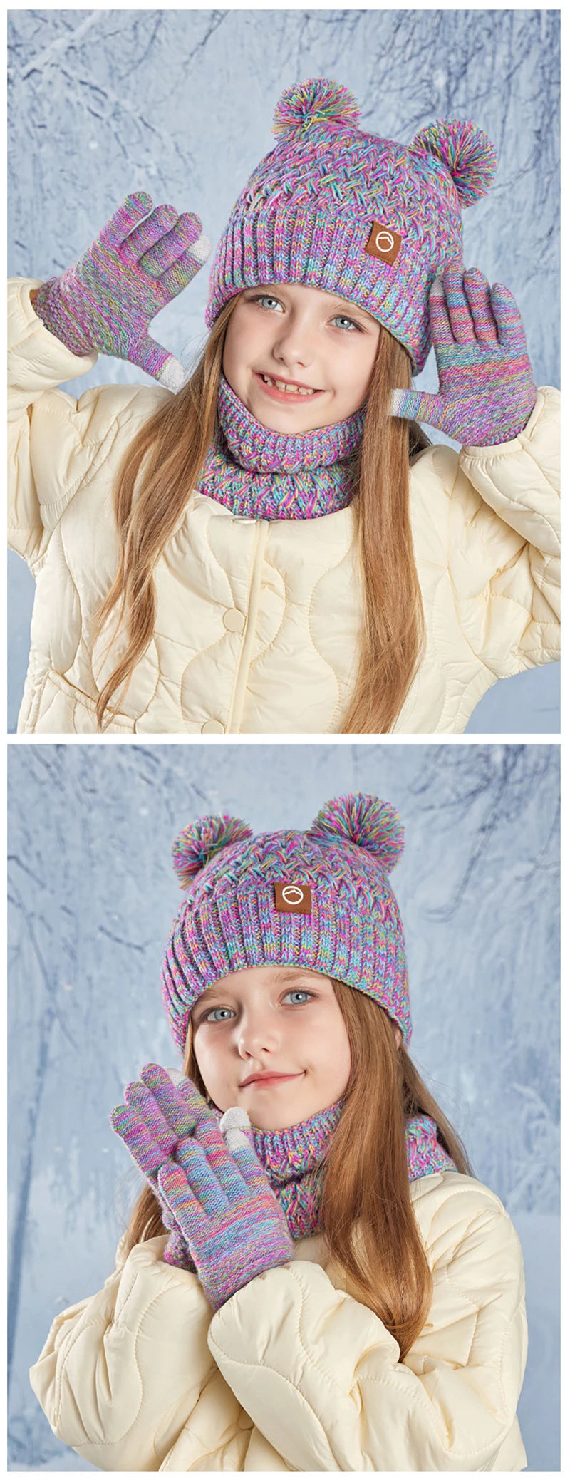 3Pcs Winter Kids Hat Set for Girls Boys Warm Knitted Children Beanie Scarf Gloves Fleece Lining Pompom Children Cap 4-10Y