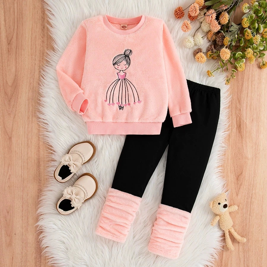 Kids Girls' Winter Outfit Set Long Sleeve Round Neck Top & Pants Costumes Girls Clothes For Toddlers Children Clothing 2 To 8