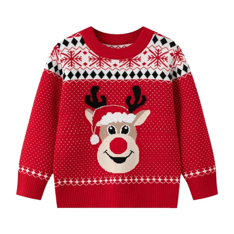 Kids Christmas Plush Pullover Sweater Warm Winter Autumn Cartoon Print Green O-Neck Unisex Clothing for Boys And Girls 2-7 Years