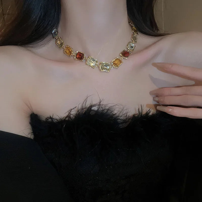 Crystal Inlaid Square Set Necklace and Earrings Fashionable Temperament Splicing Clavicle Chain Jewelry Decoration for Women