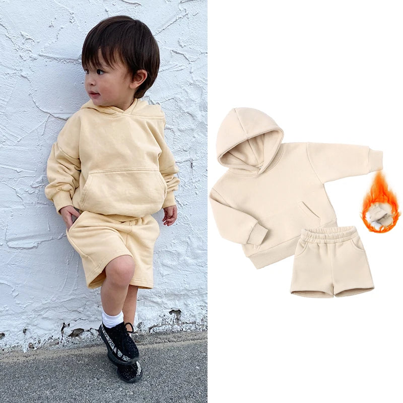 2025 New Winter Kids Boys Girls Clothes 2 Pieces Tracksuit Outfits Set Solid Top Sweatshirt+Elastic Joggers Shorts Causal Suit